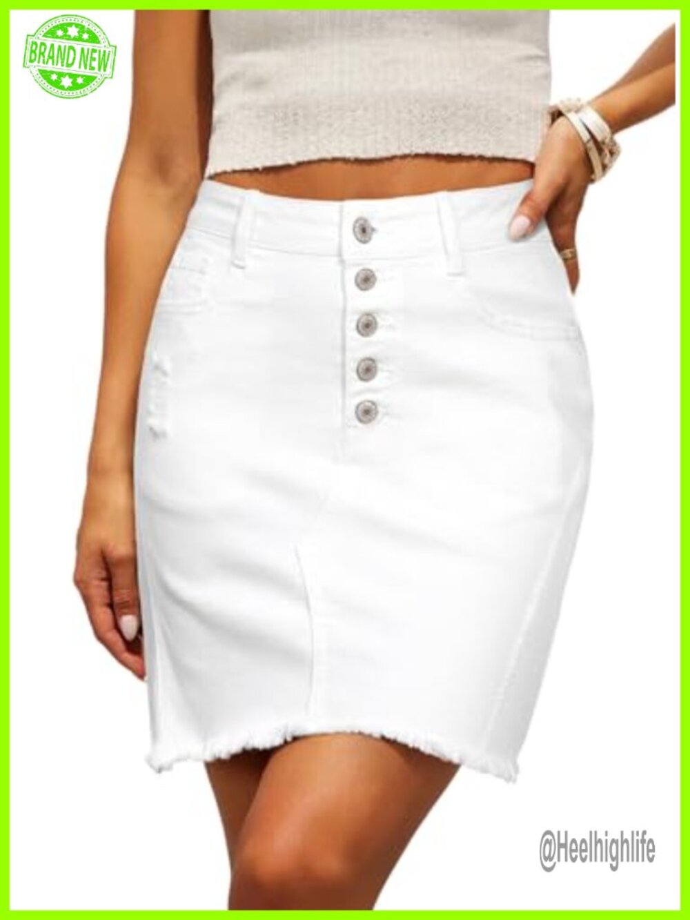 High Waisted Stretchy Denim Jean Skirt Button Fly Frayed Hem Mini